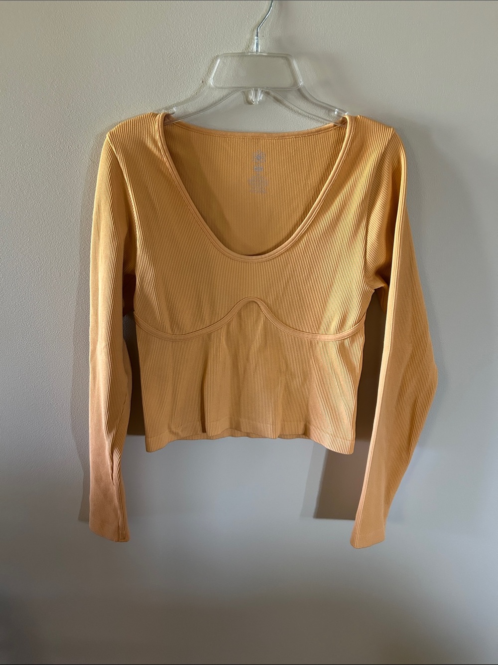 Aura Ribbed Long-Sleeve Scoop Crop Top in Orange Sherbet Color